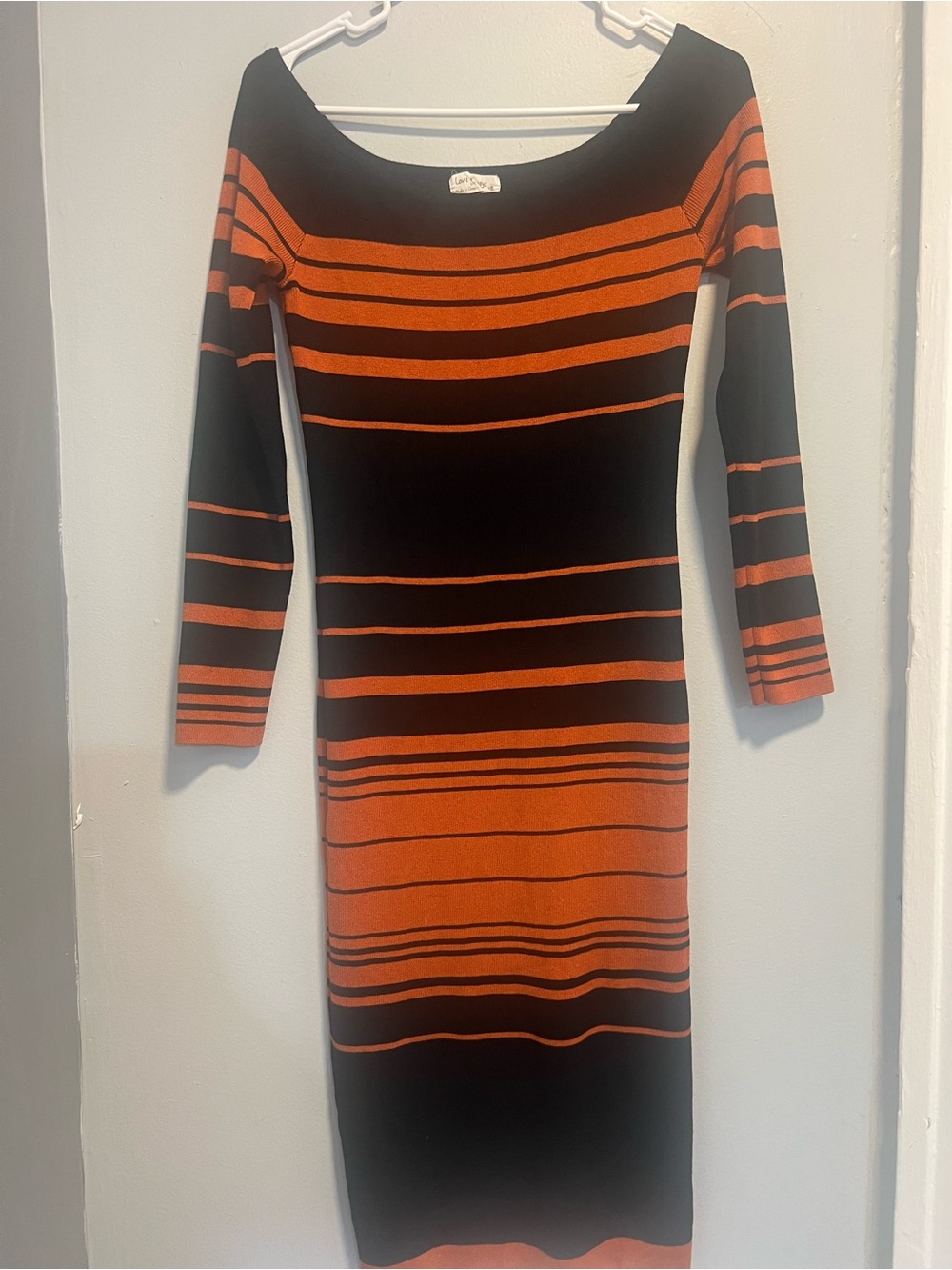 Always Black and Orange Striped Long Sleeve Midi Dress